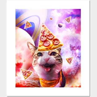 Space Galaxy Cat With Pizza Posters and Art